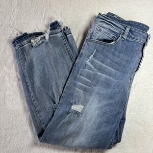 Risen Women Jeans Distressed Raw Hem Size 1X Medium Wash High Rise Stretch